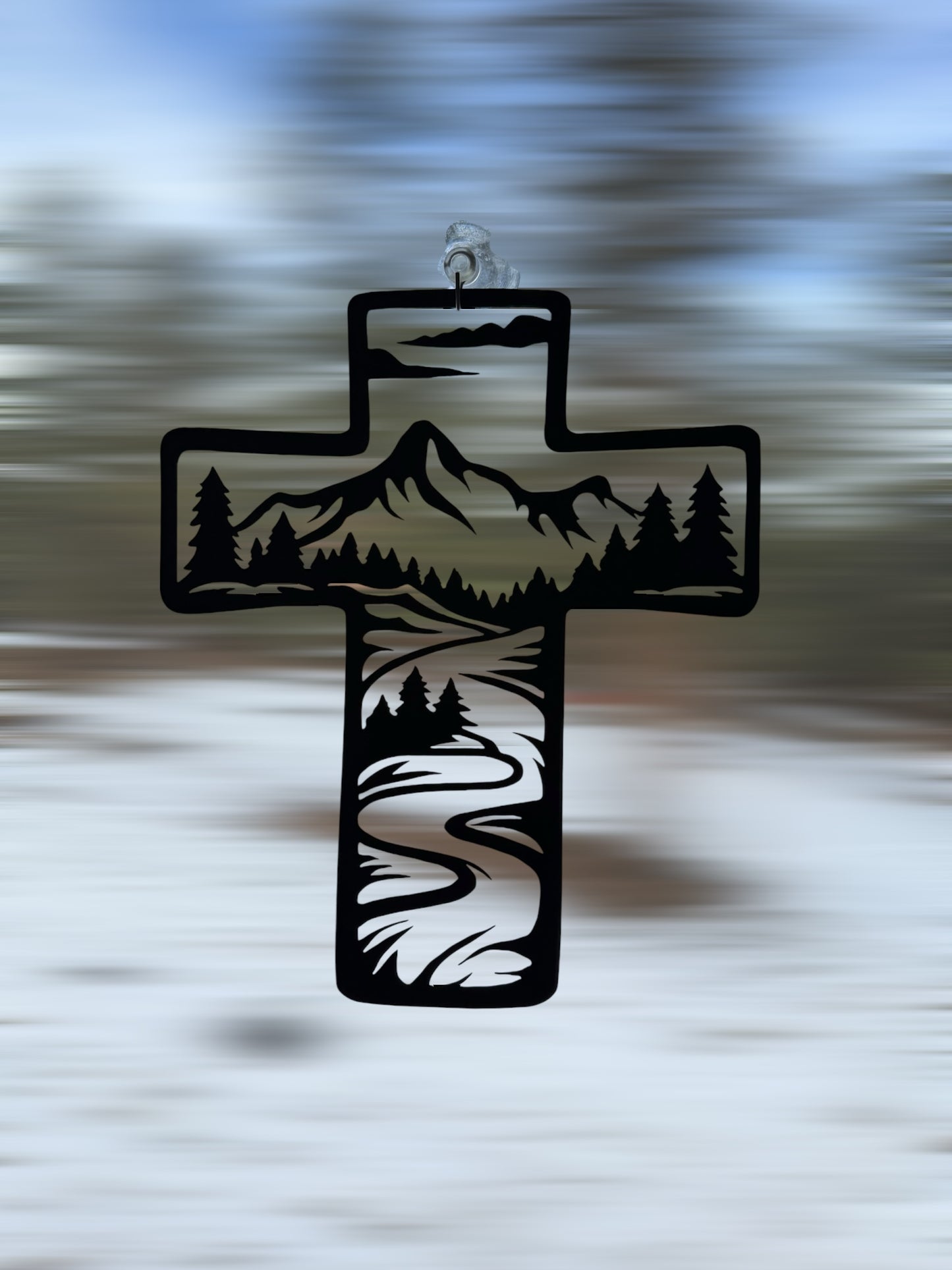 Metal Cross Wall Art with Mountains and Stream Nature Scene | Christian Home Decor | Rustic Faith Cross | Outdoor or Indoor Religious Gift