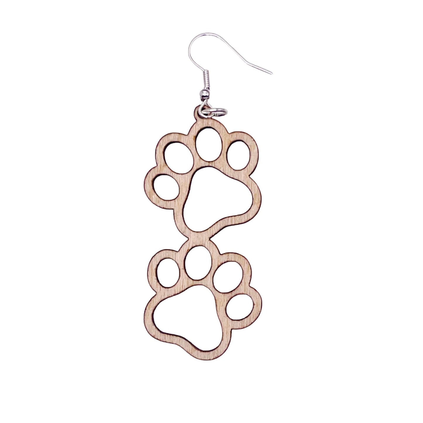Double paw print dangle earrings to show the love for your favorite dog or cat. They are laser cut, lightweight birchwood that can be worn easily all day.
Wood is a natural material. There will be color, texture and grain variations may occur.