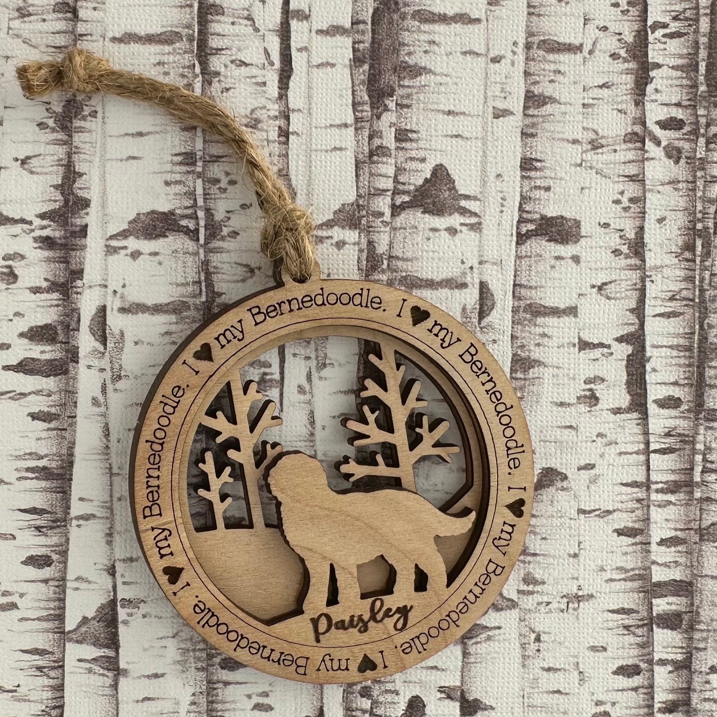 Personalized Bernedoodle Ornament, Laser Cut Birchwood Pet Memorial
