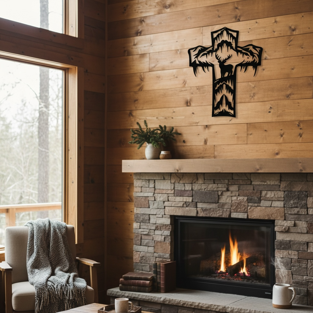 Metal Cross Wall Art with a Deer in a Unique Nature Scene | Christian Home Decor | Rustic Faith Cross | Outdoor or Indoor Religious Gift