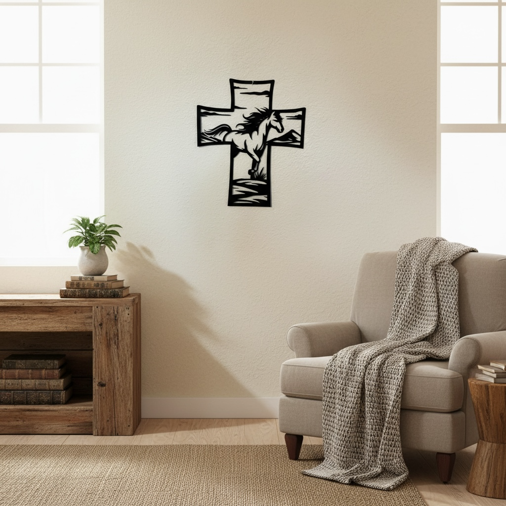 Metal Cross Wall Art with Horse Equestrian Nature Scene | Christian Home Decor | Rustic Faith Cross | Outdoor or Indoor Religious Gift