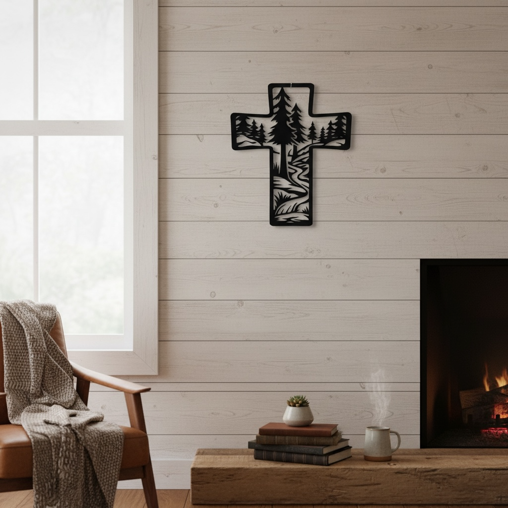 Metal Cross Wall Art with Forest and Stream Nature Scene | Christian Home Decor | Rustic Faith Cross | Outdoor or Indoor Religious Gift