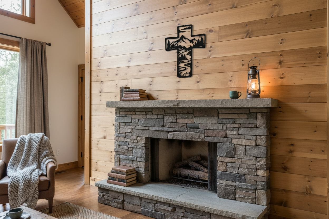 Metal Cross Wall Art with Mountains and Stream Nature Scene | Christian Home Decor | Rustic Faith Cross | Outdoor or Indoor Religious Gift