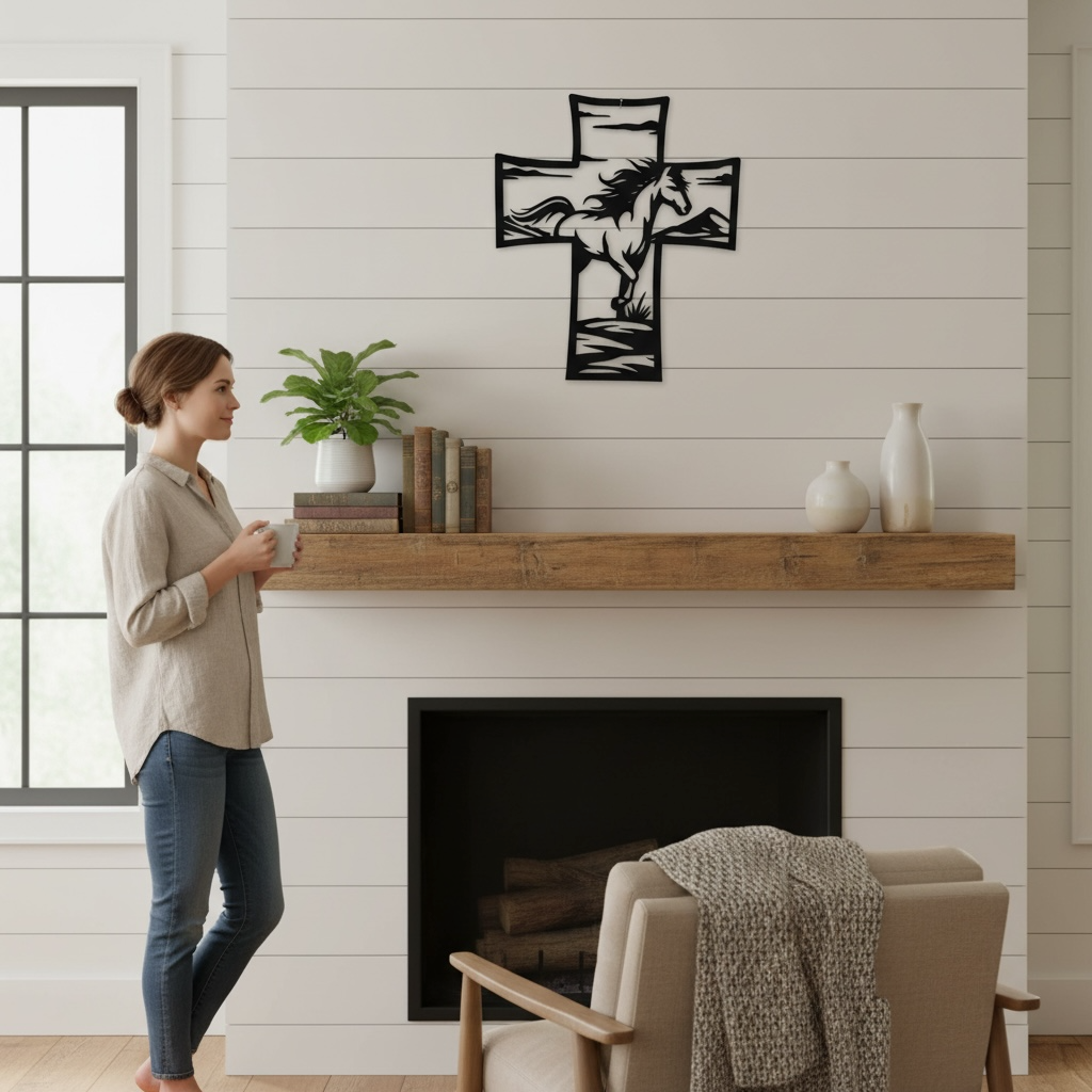 Metal Cross Wall Art with Horse Equestrian Nature Scene | Christian Home Decor | Rustic Faith Cross | Outdoor or Indoor Religious Gift