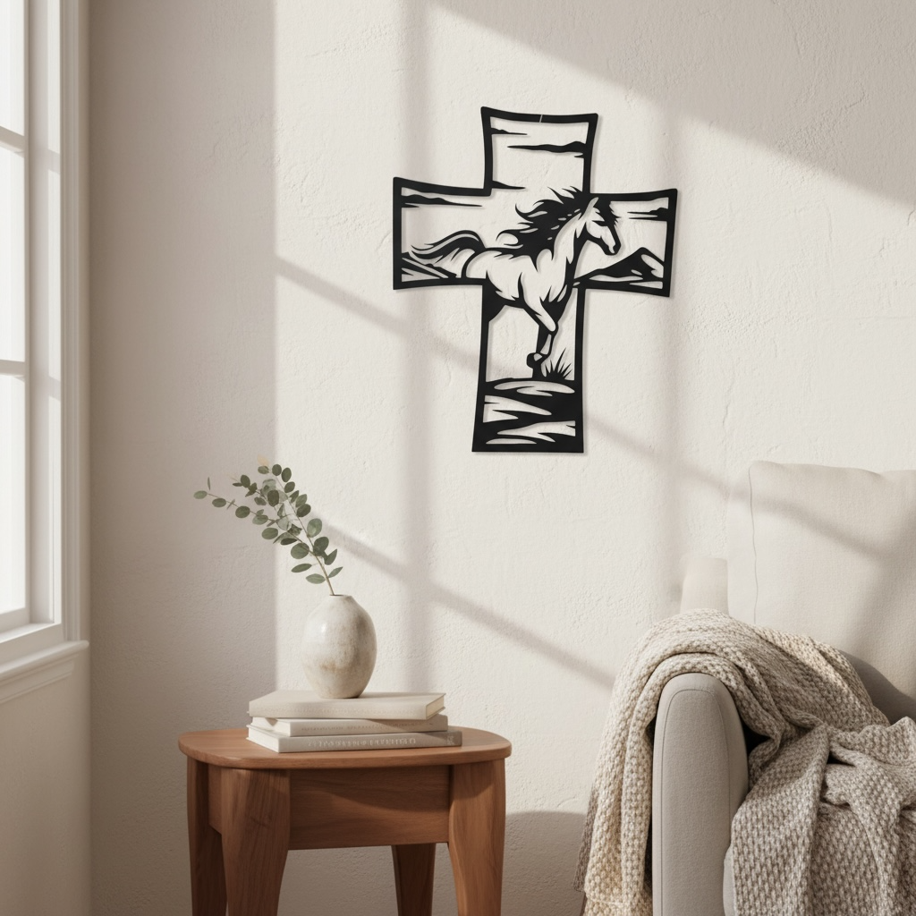 Metal Cross Wall Art with Horse Equestrian Nature Scene | Christian Home Decor | Rustic Faith Cross | Outdoor or Indoor Religious Gift