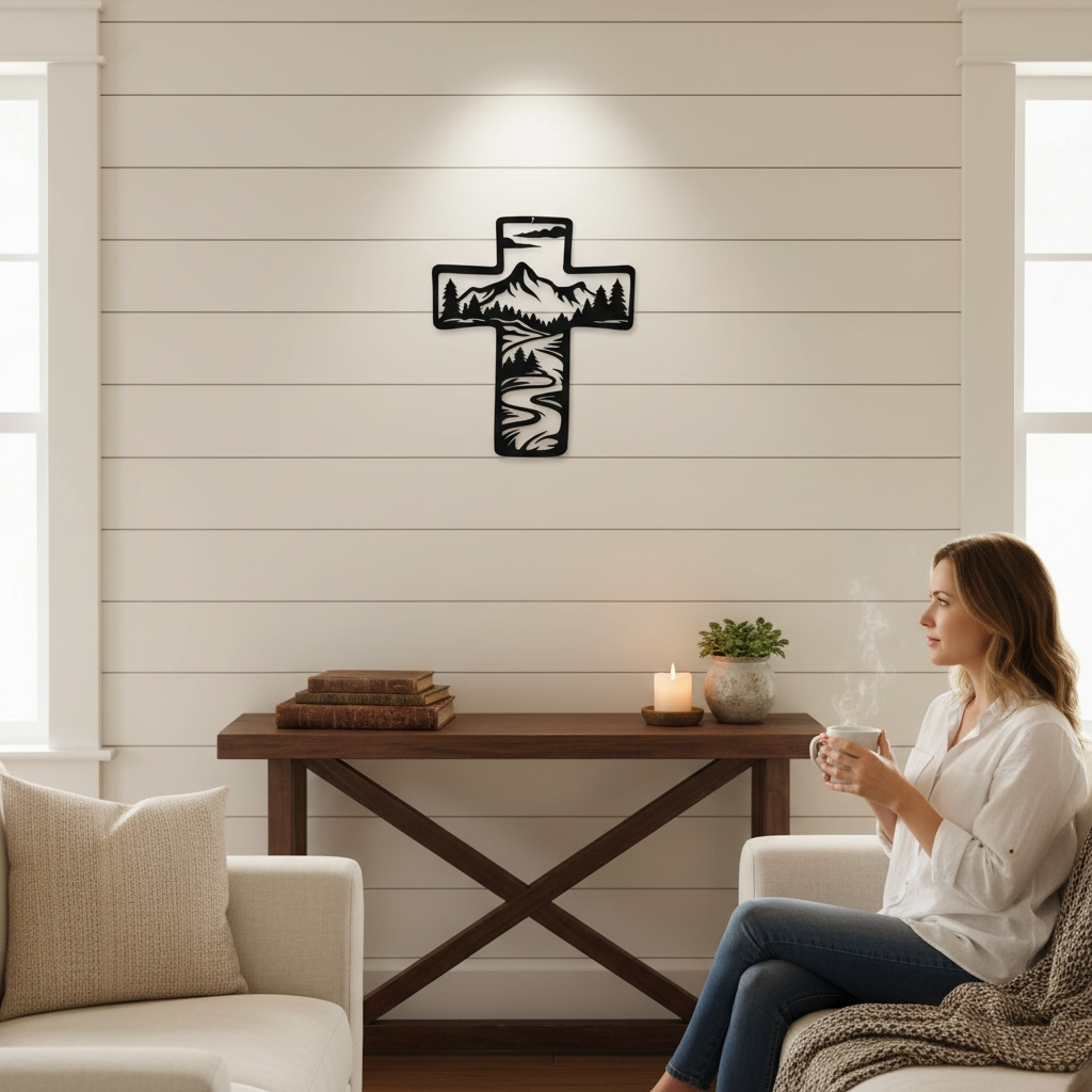 Metal Cross Wall Art with Mountains and Stream Nature Scene | Christian Home Decor | Rustic Faith Cross | Outdoor or Indoor Religious Gift