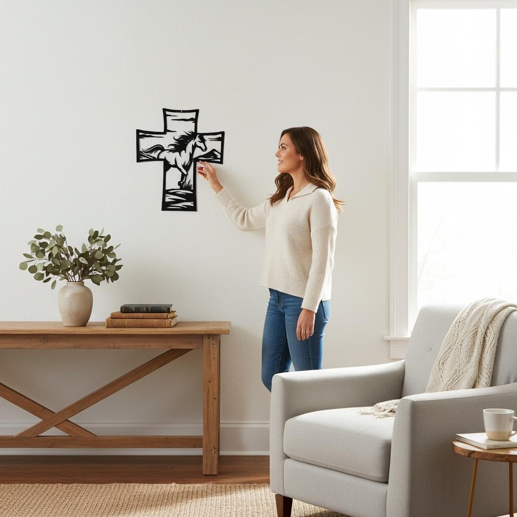 Metal Cross Wall Art with Horse Equestrian Nature Scene | Christian Home Decor | Rustic Faith Cross | Outdoor or Indoor Religious Gift