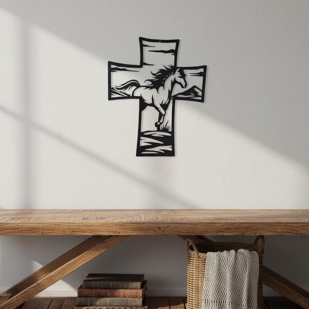 Metal Cross Wall Art with Horse Equestrian Nature Scene | Christian Home Decor | Rustic Faith Cross | Outdoor or Indoor Religious Gift