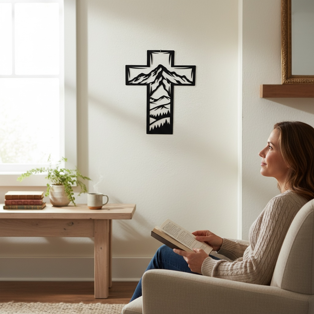 Metal Cross Wall Art with Mountains Nature Scene | Christian Home Decor | Rustic Faith Cross | Outdoor or Indoor Religious Gift