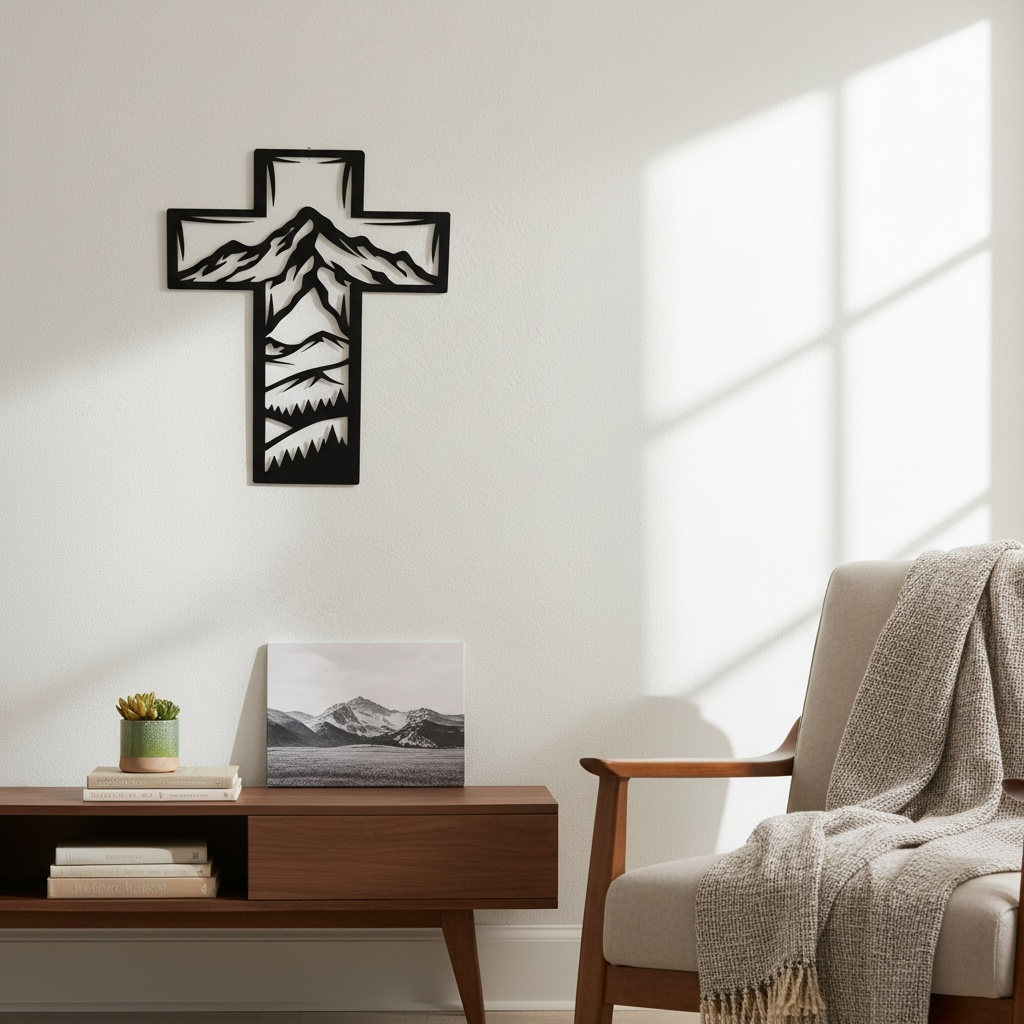 Metal Cross Wall Art with Mountains Nature Scene | Christian Home Decor | Rustic Faith Cross | Outdoor or Indoor Religious Gift