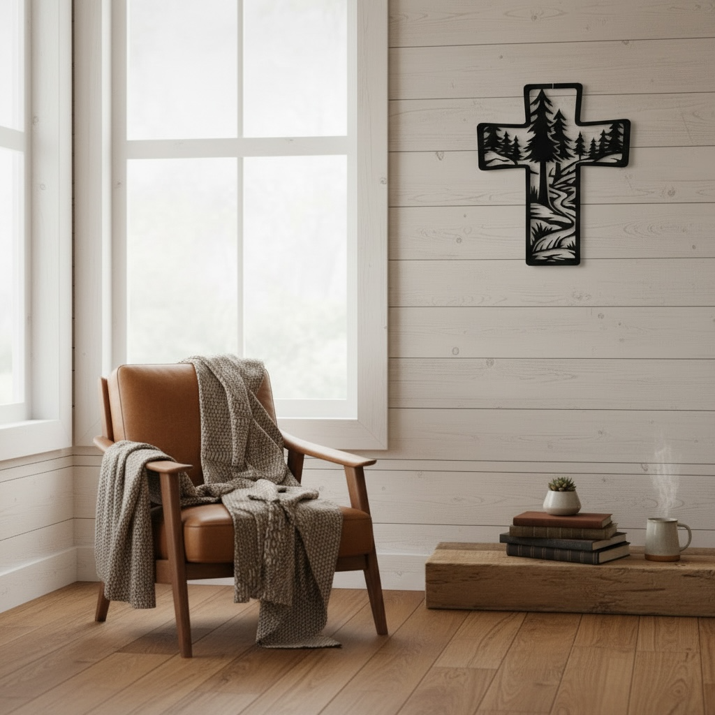 Metal Cross Wall Art with Forest and Stream Nature Scene | Christian Home Decor | Rustic Faith Cross | Outdoor or Indoor Religious Gift