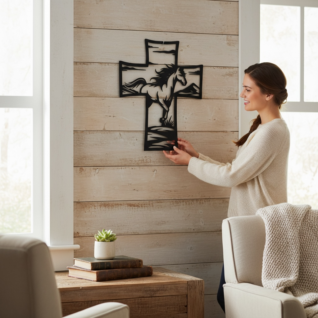 Metal Cross Wall Art with Horse Equestrian Nature Scene | Christian Home Decor | Rustic Faith Cross | Outdoor or Indoor Religious Gift
