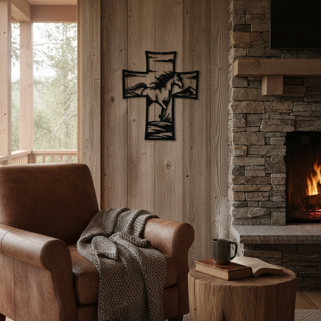 Metal Cross Wall Art with Horse Equestrian Nature Scene | Christian Home Decor | Rustic Faith Cross | Outdoor or Indoor Religious Gift