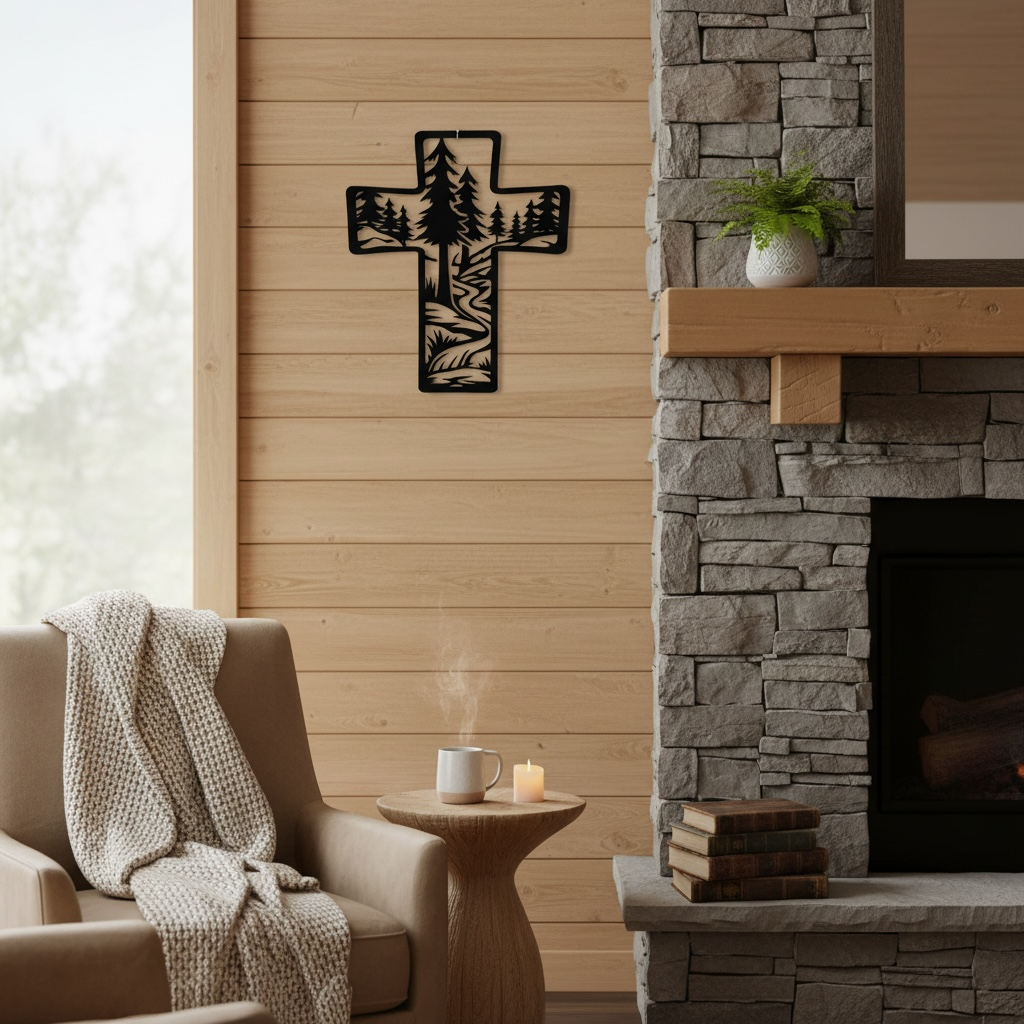 Metal Cross Wall Art with Forest and Stream Nature Scene | Christian Home Decor | Rustic Faith Cross | Outdoor or Indoor Religious Gift