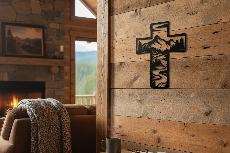 Metal Cross Wall Art with Mountains and Stream Nature Scene | Christian Home Decor | Rustic Faith Cross | Outdoor or Indoor Religious Gift