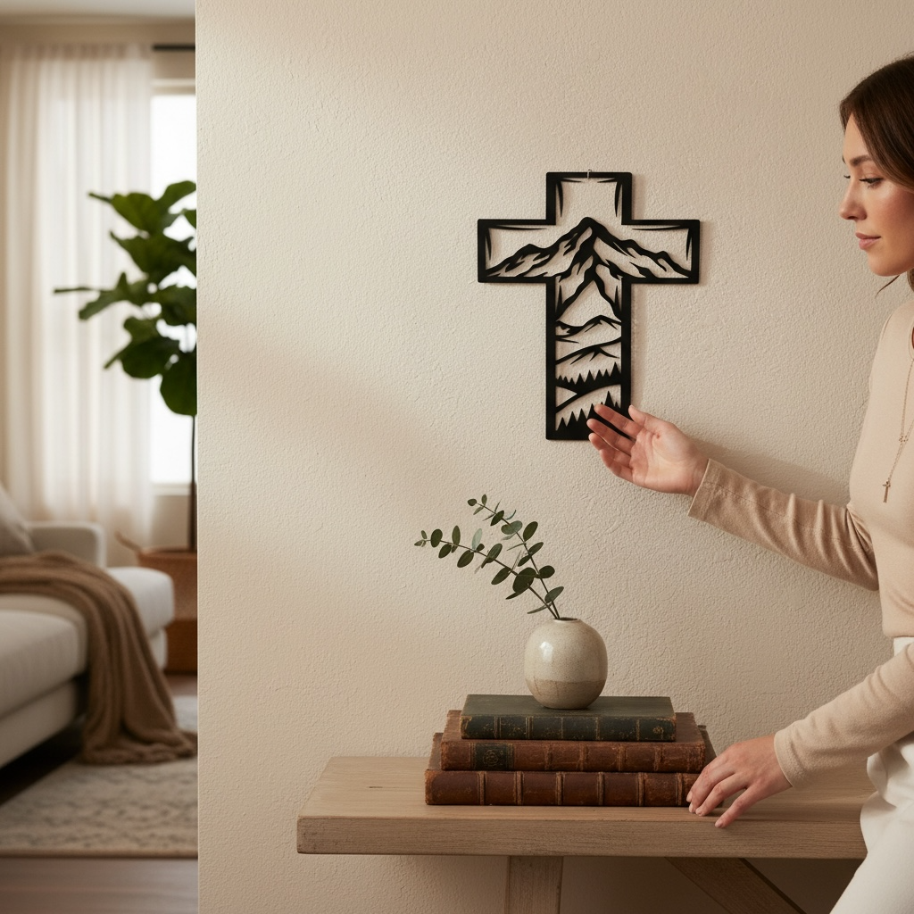 Metal Cross Wall Art with Mountains Nature Scene | Christian Home Decor | Rustic Faith Cross | Outdoor or Indoor Religious Gift