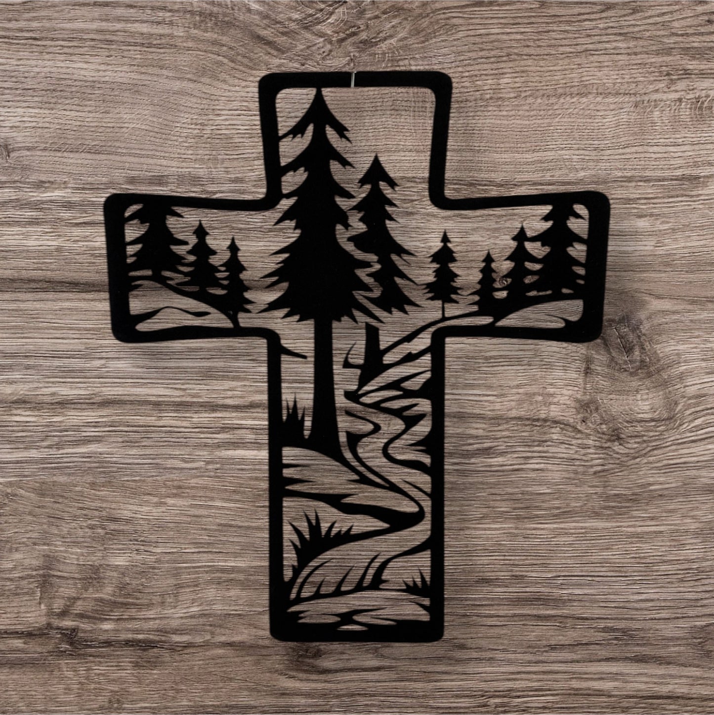 Metal Cross Wall Art with Forest and Stream Nature Scene | Christian Home Decor | Rustic Faith Cross | Outdoor or Indoor Religious Gift