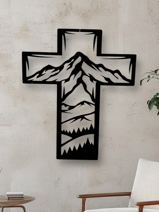 Metal Cross Wall Art with Mountains Nature Scene | Christian Home Decor | Rustic Faith Cross | Outdoor or Indoor Religious Gift