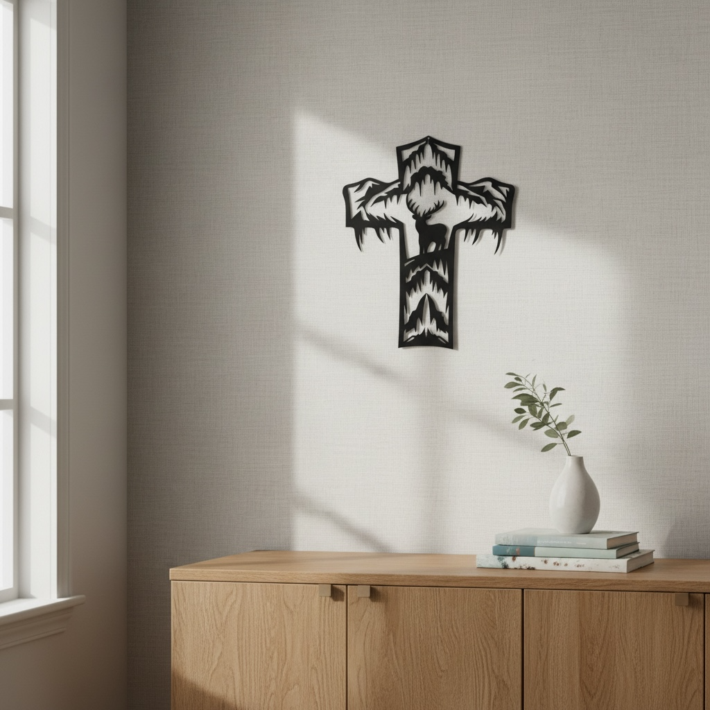 Metal Cross Wall Art with a Deer in a Unique Nature Scene | Christian Home Decor | Rustic Faith Cross | Outdoor or Indoor Religious Gift