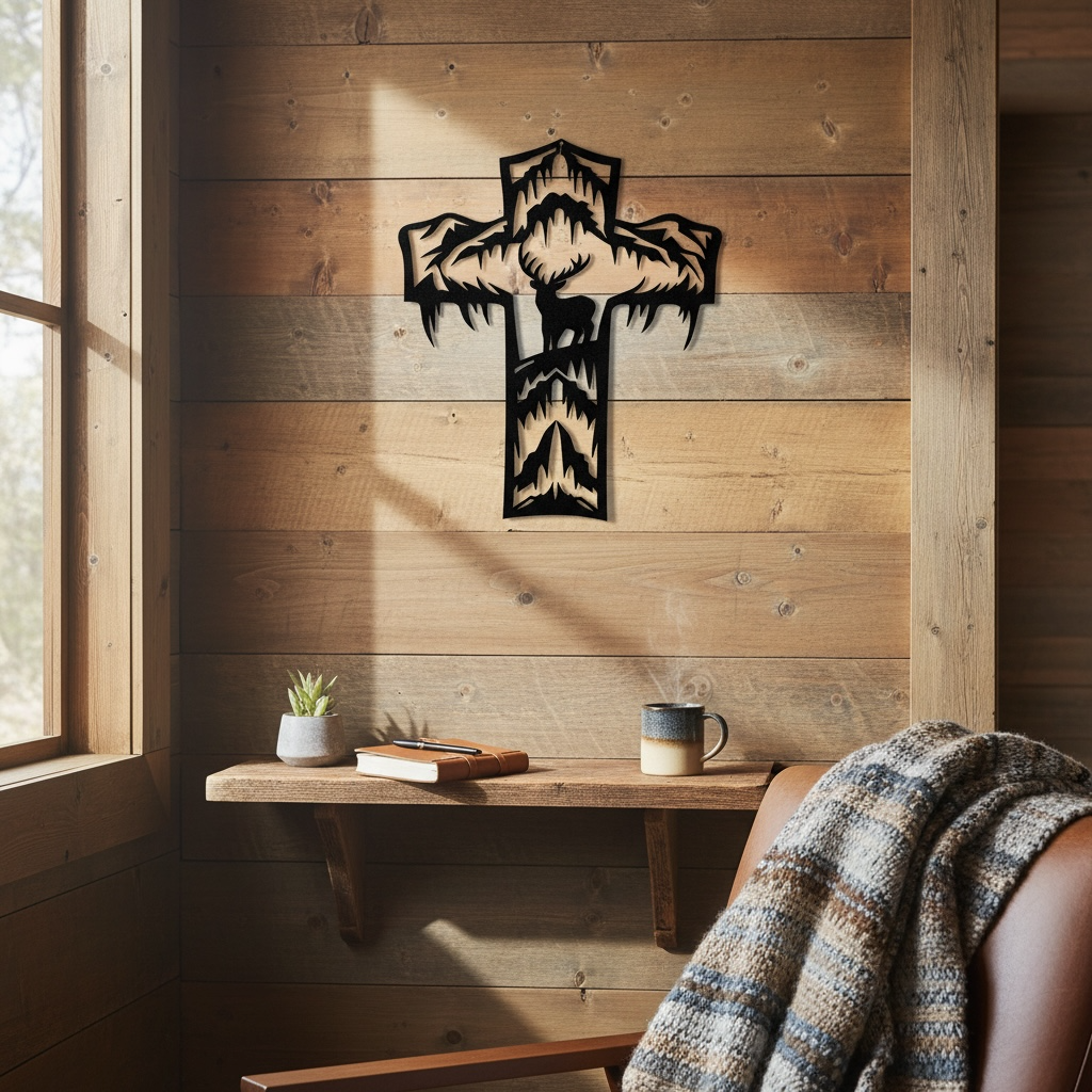 Metal Cross Wall Art with a Deer in a Unique Nature Scene | Christian Home Decor | Rustic Faith Cross | Outdoor or Indoor Religious Gift