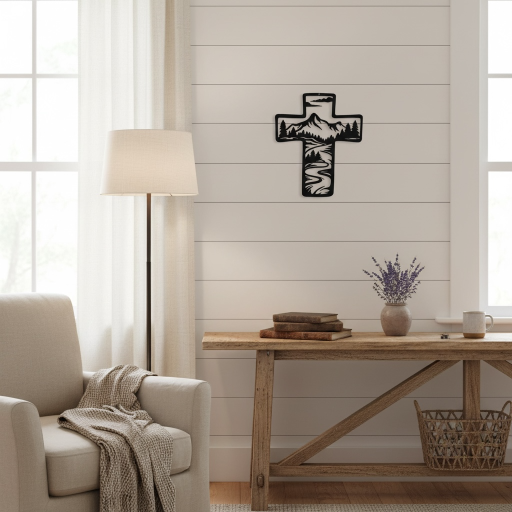 Metal Cross Wall Art with Mountains Nature Scene | Christian Home Decor | Rustic Faith Cross | Outdoor or Indoor Religious Gift