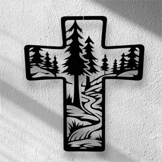 Metal Cross Wall Art with Forest and Stream Nature Scene | Christian Home Decor | Rustic Faith Cross | Outdoor or Indoor Religious Gift