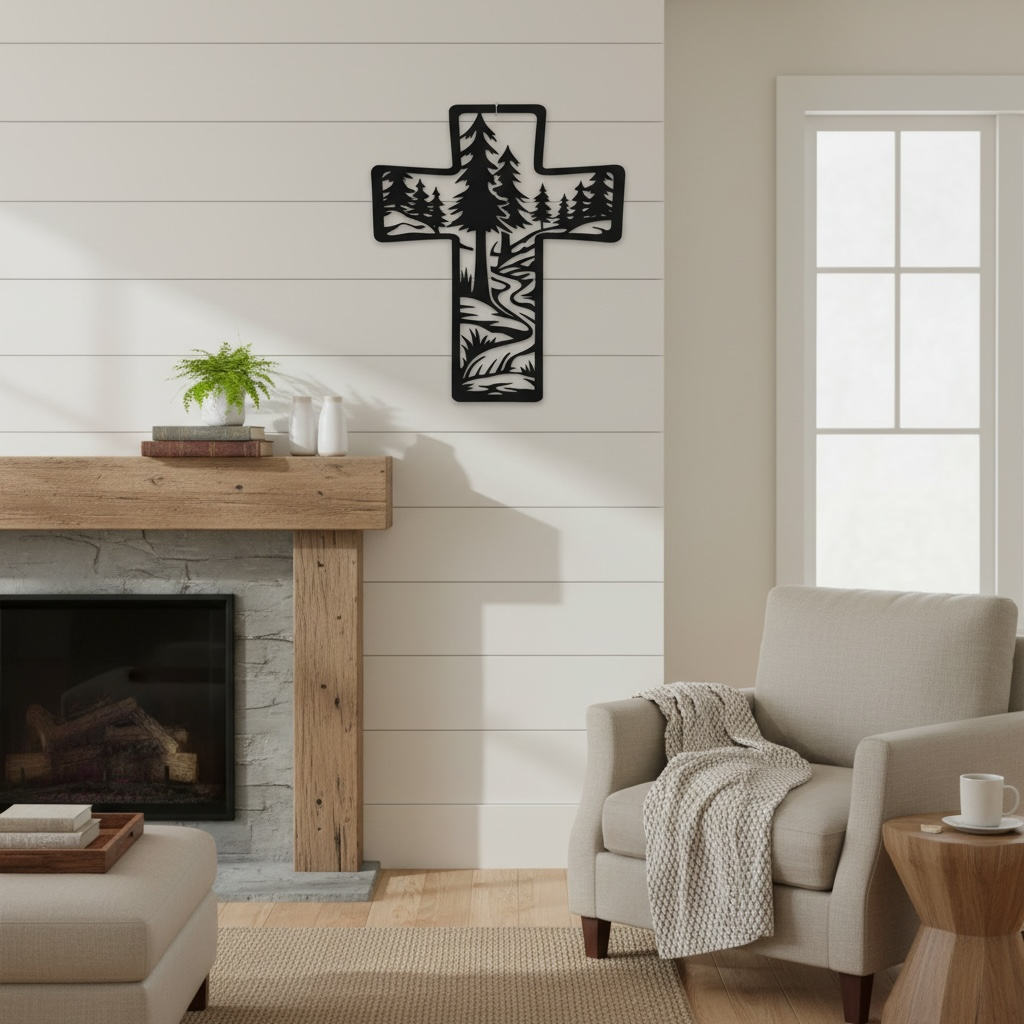 Metal Cross Wall Art with Forest and Stream Nature Scene | Christian Home Decor | Rustic Faith Cross | Outdoor or Indoor Religious Gift