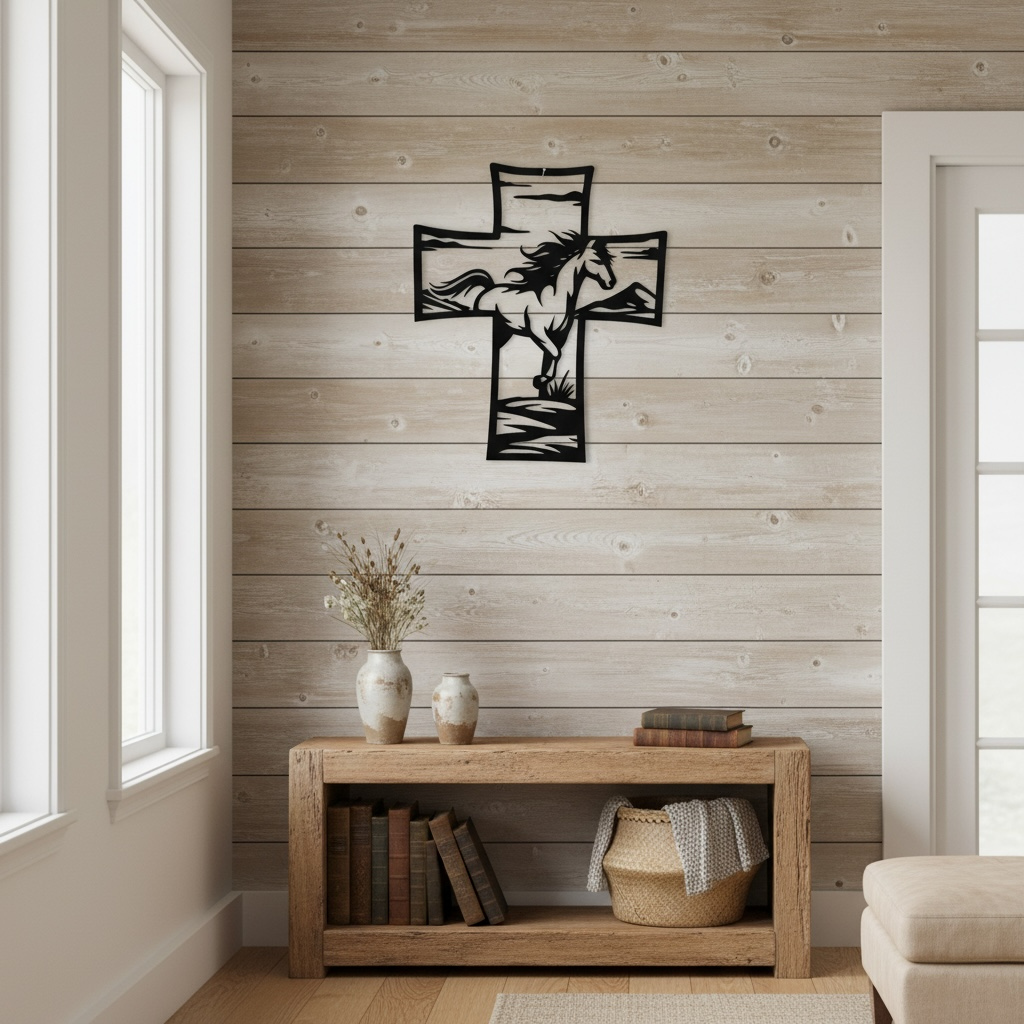 Metal Cross Wall Art with Horse Equestrian Nature Scene | Christian Home Decor | Rustic Faith Cross | Outdoor or Indoor Religious Gift