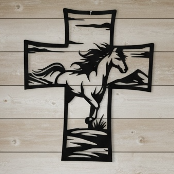 Metal Cross Wall Art with Horse Equestrian Nature Scene | Christian Home Decor | Rustic Faith Cross | Outdoor or Indoor Religious Gift