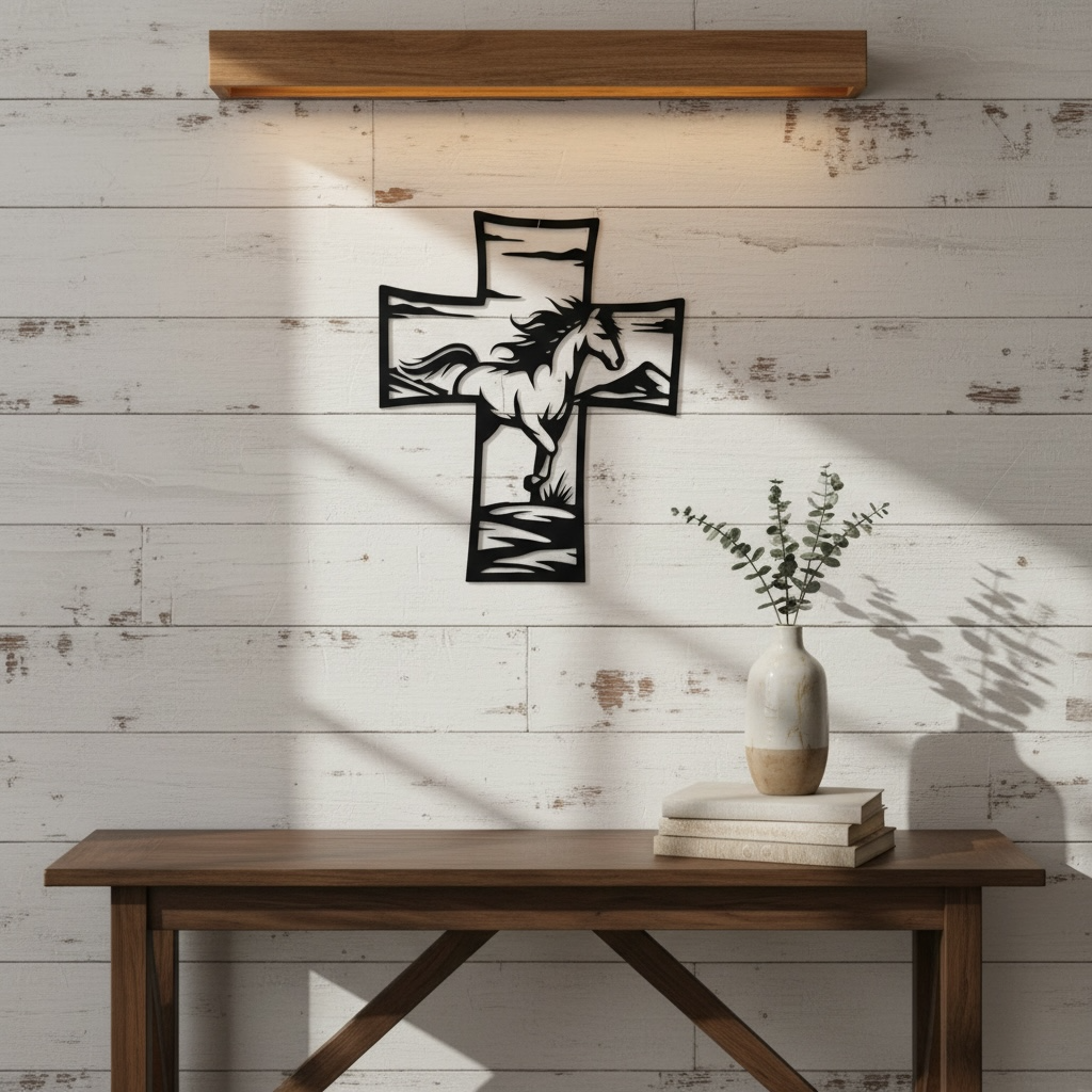 Metal Cross Wall Art with Horse Equestrian Nature Scene | Christian Home Decor | Rustic Faith Cross | Outdoor or Indoor Religious Gift