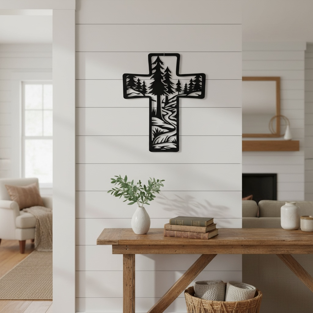 Metal Cross Wall Art with Forest and Stream Nature Scene | Christian Home Decor | Rustic Faith Cross | Outdoor or Indoor Religious Gift