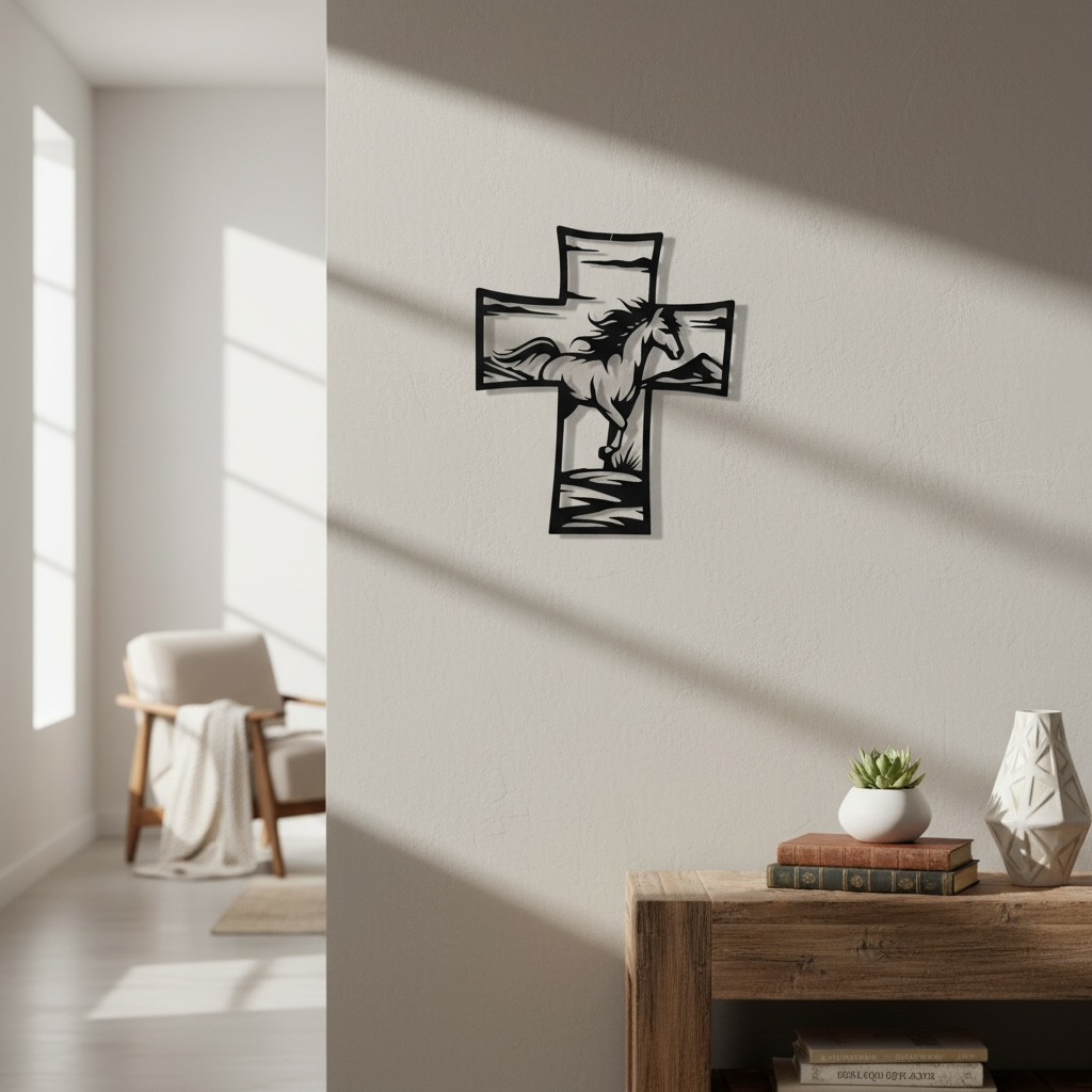 Metal Cross Wall Art with Horse Equestrian Nature Scene | Christian Home Decor | Rustic Faith Cross | Outdoor or Indoor Religious Gift