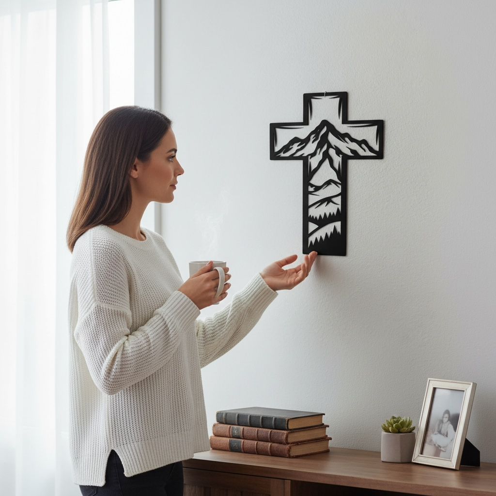 Metal Cross Wall Art with Mountains Nature Scene | Christian Home Decor | Rustic Faith Cross | Outdoor or Indoor Religious Gift