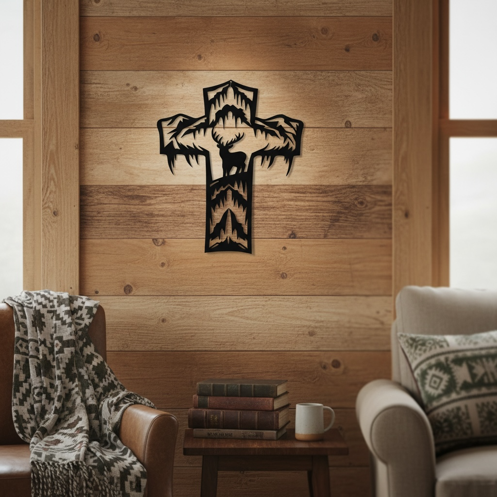 Metal Cross Wall Art with a Deer in a Unique Nature Scene | Christian Home Decor | Rustic Faith Cross | Outdoor or Indoor Religious Gift