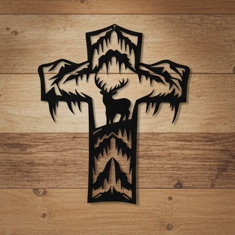 Metal Cross Wall Art with a Deer in a Unique Nature Scene | Christian Home Decor | Rustic Faith Cross | Outdoor or Indoor Religious Gift