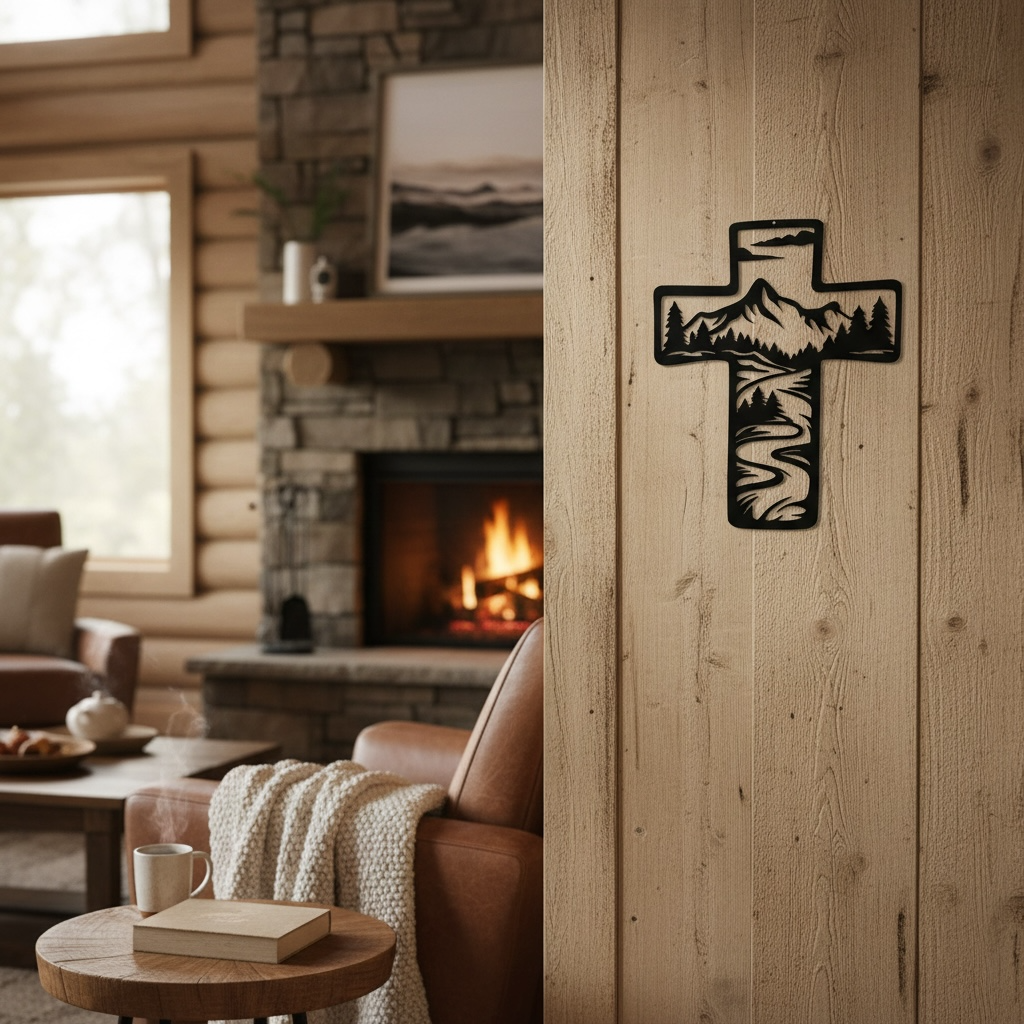 Metal Cross Wall Art with Mountains and Stream Nature Scene | Christian Home Decor | Rustic Faith Cross | Outdoor or Indoor Religious Gift