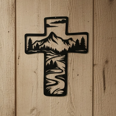 Metal Cross Wall Art with Mountains and Stream Nature Scene | Christian Home Decor | Rustic Faith Cross | Outdoor or Indoor Religious Gift