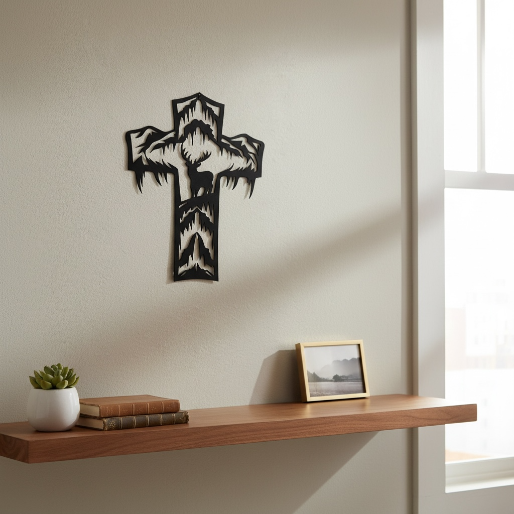Metal Cross Wall Art with a Deer in a Unique Nature Scene | Christian Home Decor | Rustic Faith Cross | Outdoor or Indoor Religious Gift