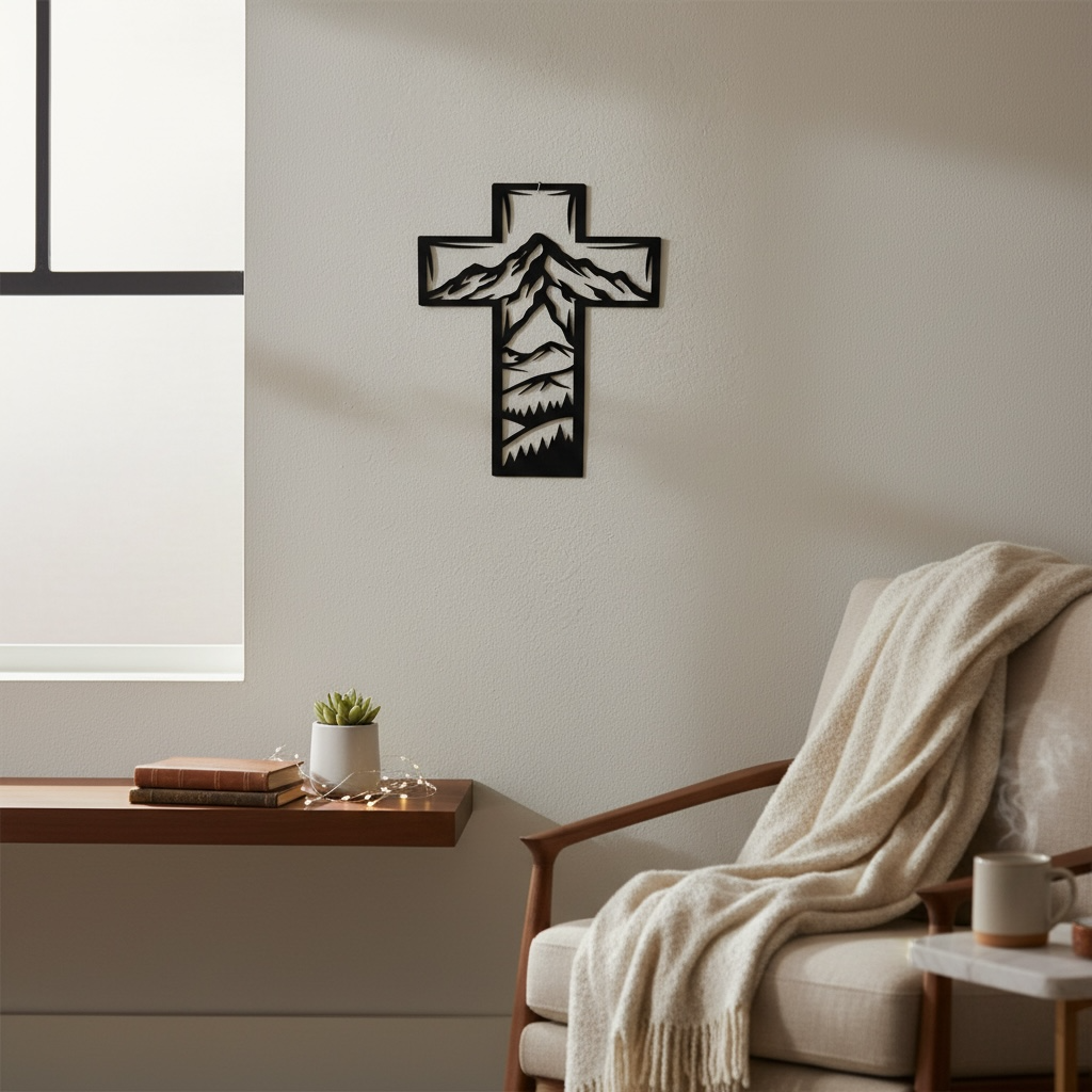 Metal Cross Wall Art with Mountains Nature Scene | Christian Home Decor | Rustic Faith Cross | Outdoor or Indoor Religious Gift