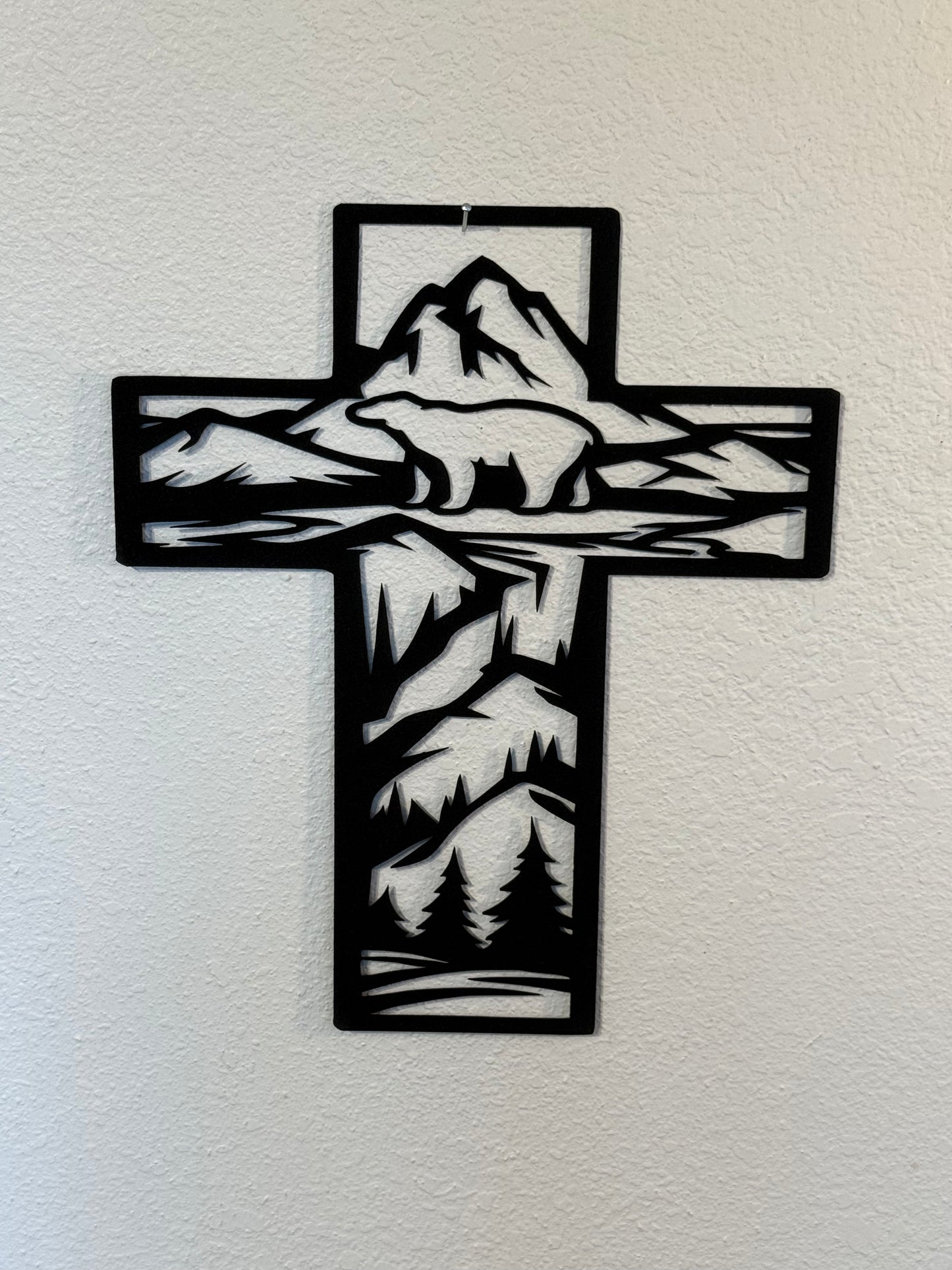 Metal Cross Wall Art with Bear in the Mountains Nature Scene | Christian Home Decor | Rustic Faith Cross | Outdoor or Indoor Religious Gift