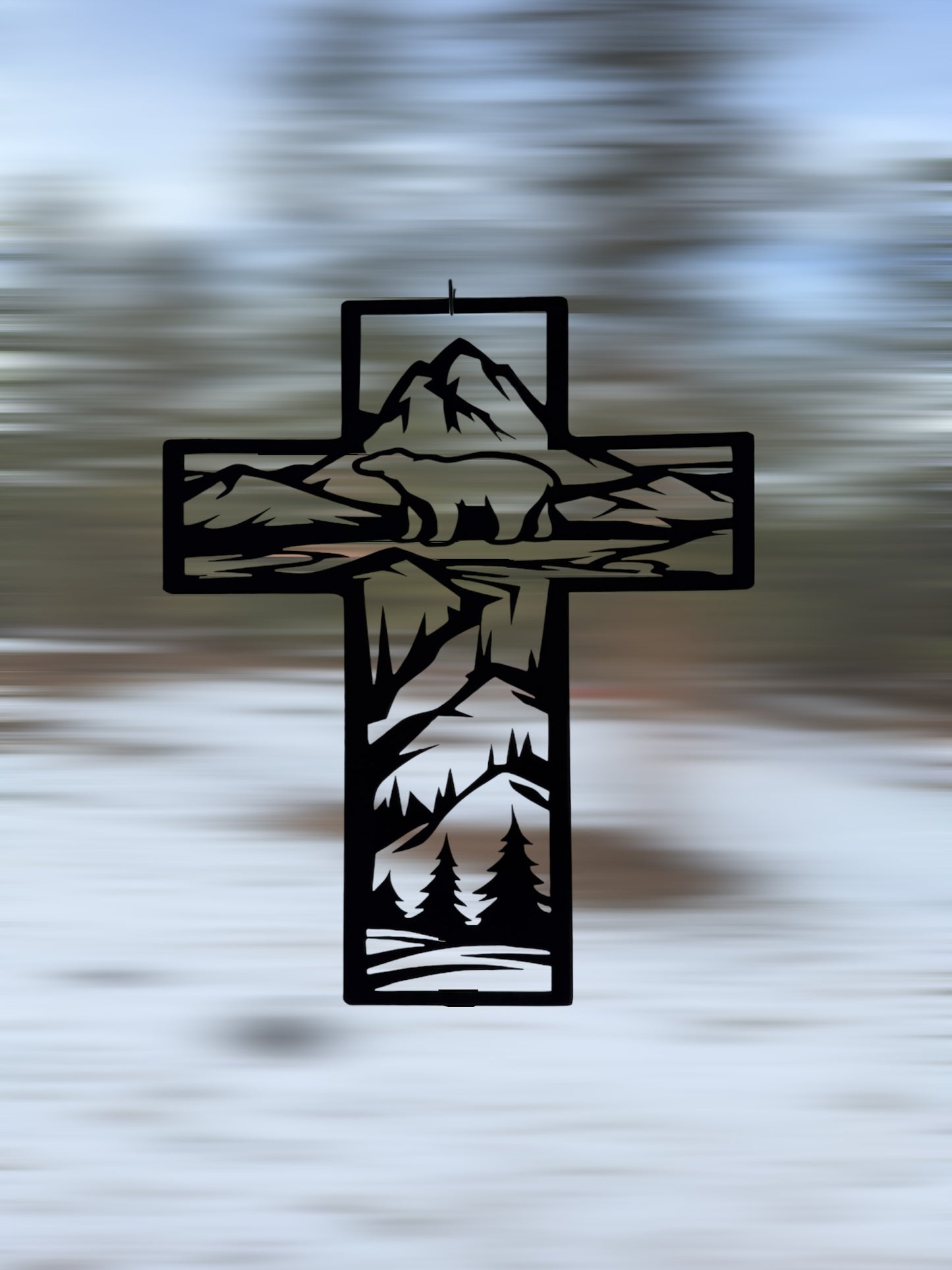 Metal Cross Wall Art with Bear in the Mountains Nature Scene | Christian Home Decor | Rustic Faith Cross | Outdoor or Indoor Religious Gift