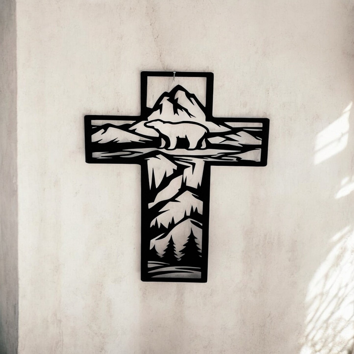 Metal Cross Wall Art with Bear in the Mountains Nature Scene | Christian Home Decor | Rustic Faith Cross | Outdoor or Indoor Religious Gift