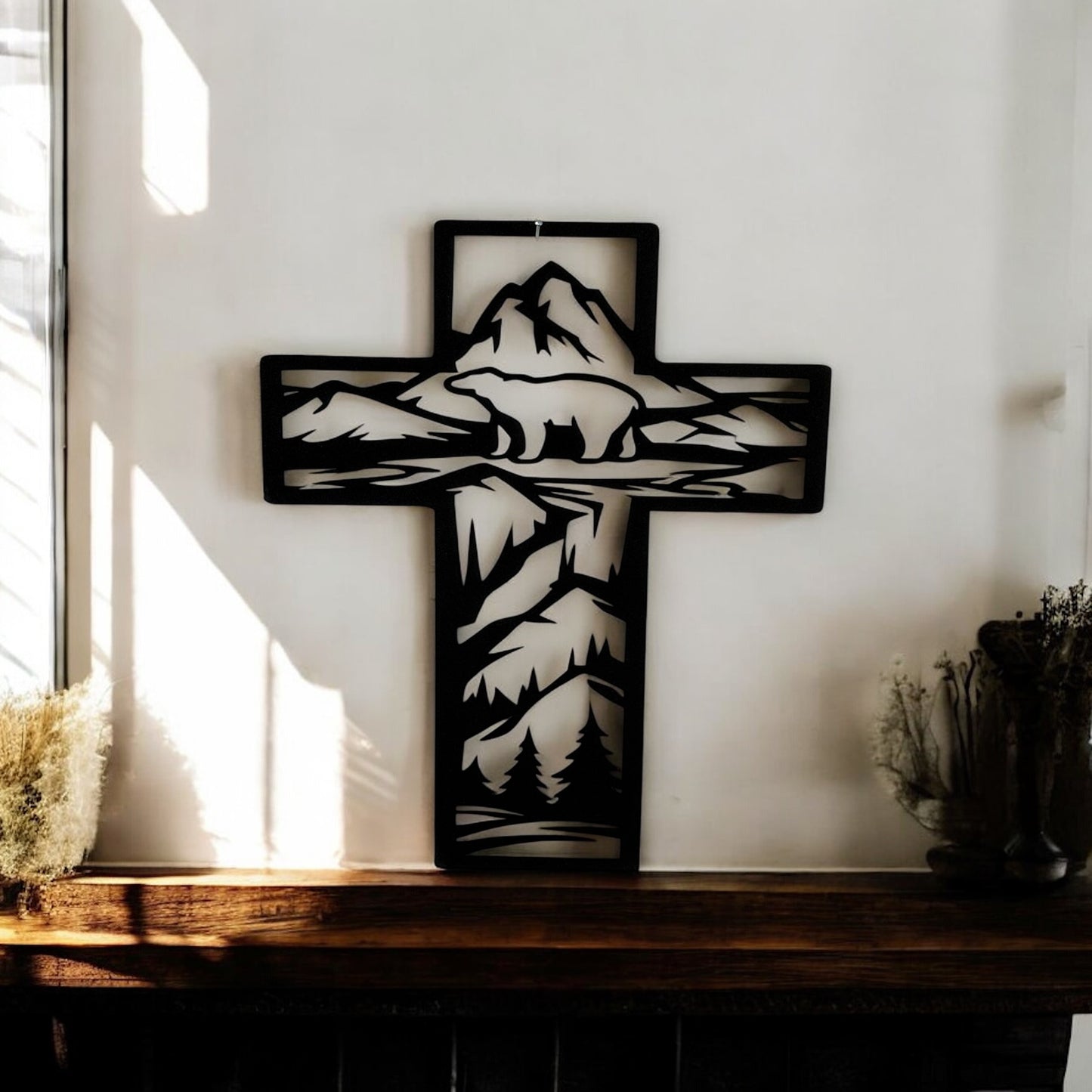 Metal Cross Wall Art with Bear in the Mountains Nature Scene | Christian Home Decor | Rustic Faith Cross | Outdoor or Indoor Religious Gift