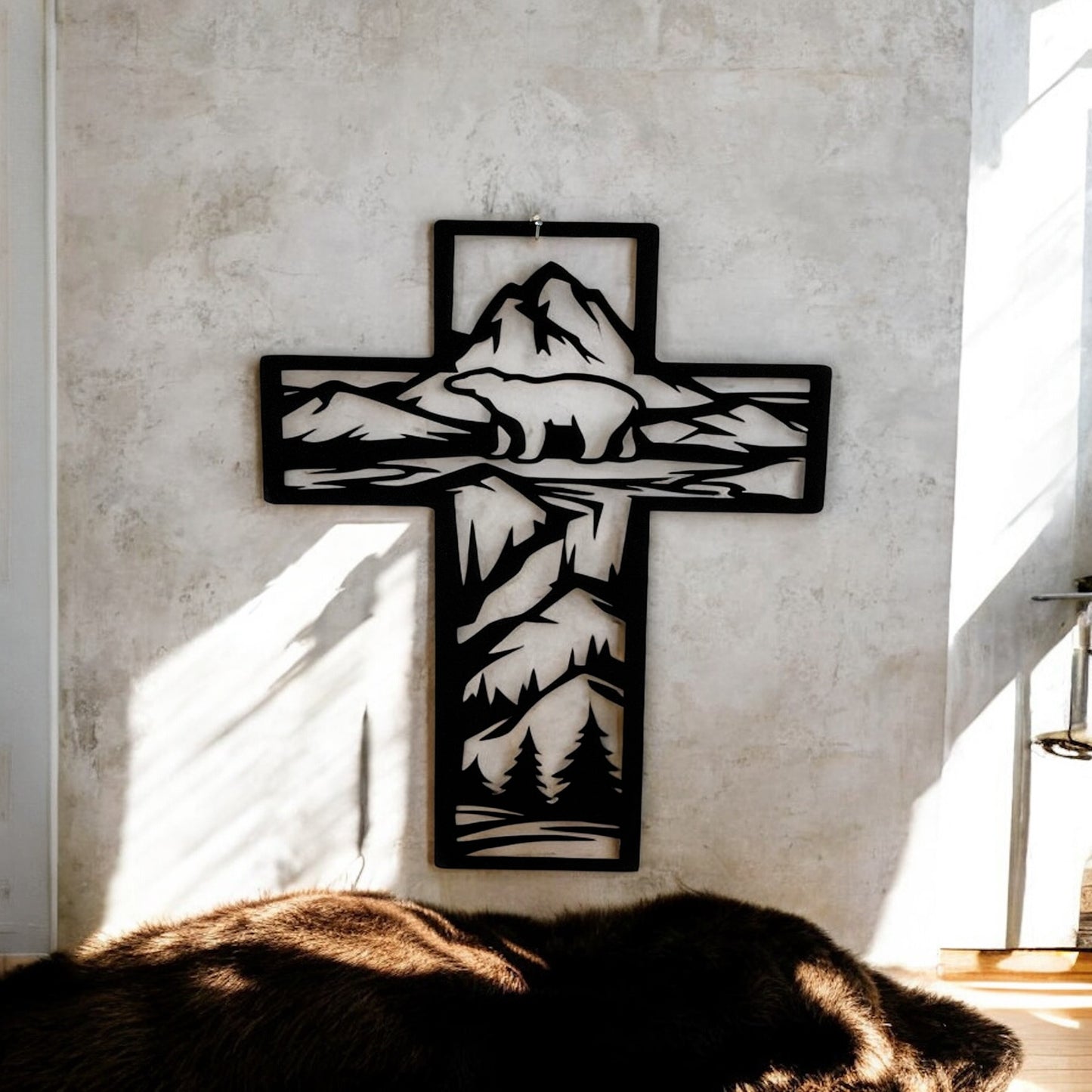 Metal Cross Wall Art with Bear in the Mountains Nature Scene | Christian Home Decor | Rustic Faith Cross | Outdoor or Indoor Religious Gift