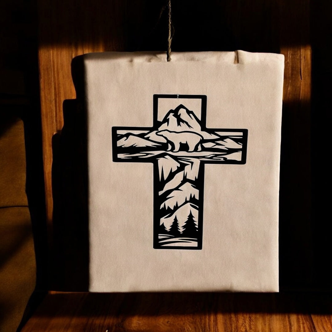Metal Cross Wall Art with Bear in the Mountains Nature Scene | Christian Home Decor | Rustic Faith Cross | Outdoor or Indoor Religious Gift