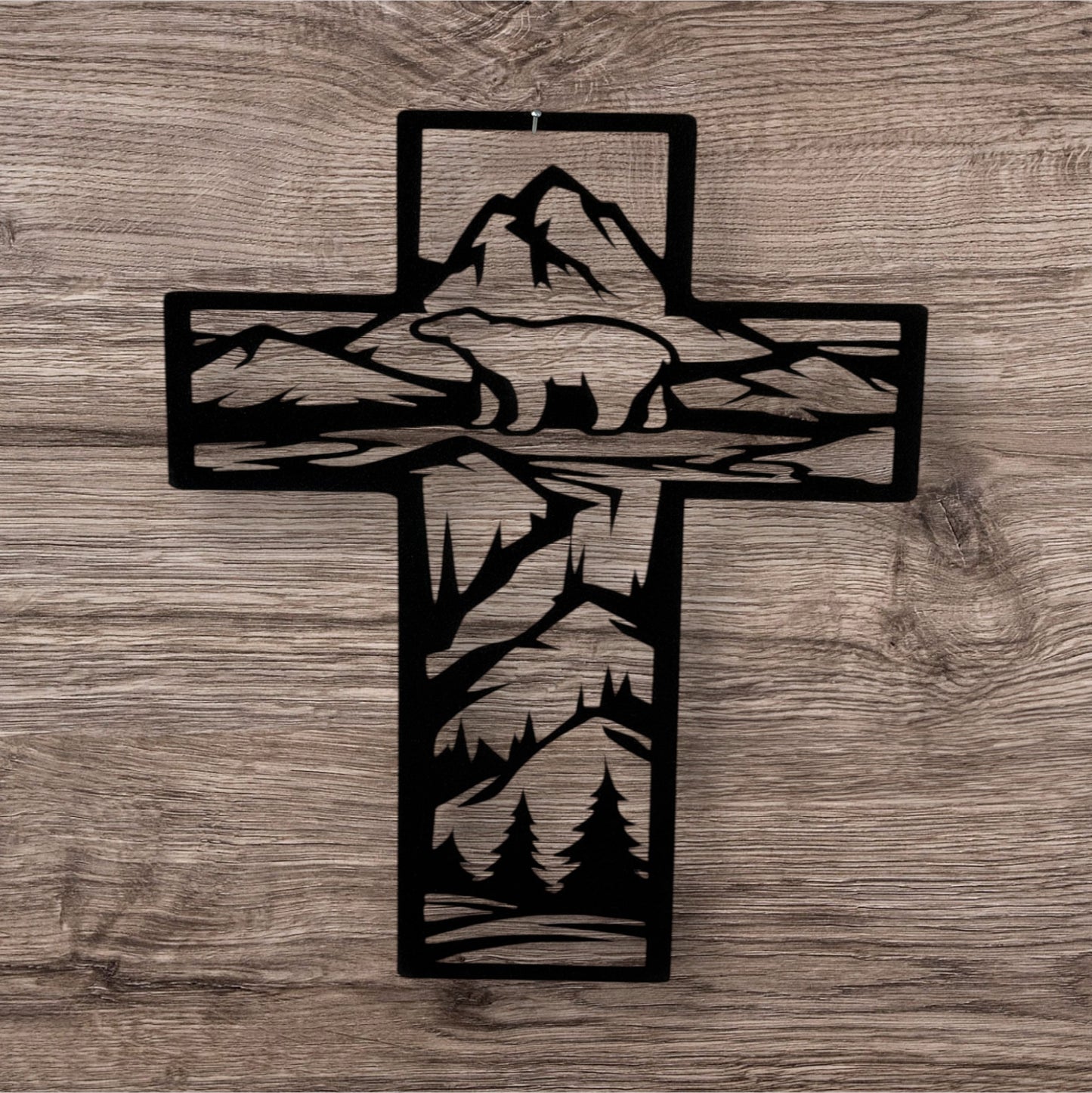 Metal Cross Wall Art with Bear in the Mountains Nature Scene | Christian Home Decor | Rustic Faith Cross | Outdoor or Indoor Religious Gift