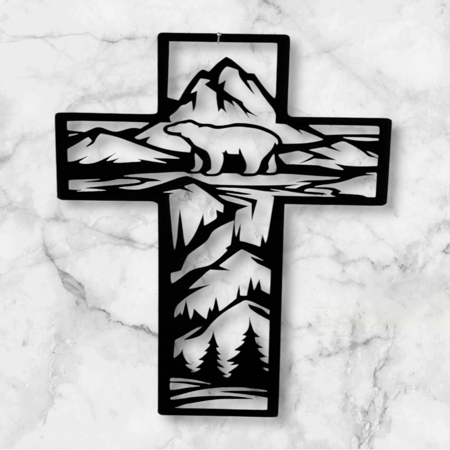 Metal Cross Wall Art with Bear in the Mountains Nature Scene | Christian Home Decor | Rustic Faith Cross | Outdoor or Indoor Religious Gift