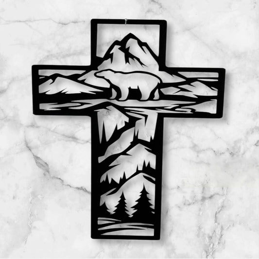 Metal Cross Wall Art with Bear in the Mountains Nature Scene | Christian Home Decor | Rustic Faith Cross | Outdoor or Indoor Religious Gift