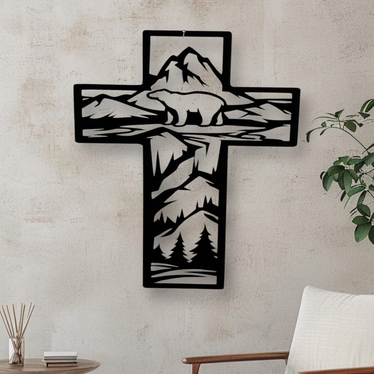 Metal Cross Wall Art with Bear in the Mountains Nature Scene | Christian Home Decor | Rustic Faith Cross | Outdoor or Indoor Religious Gift