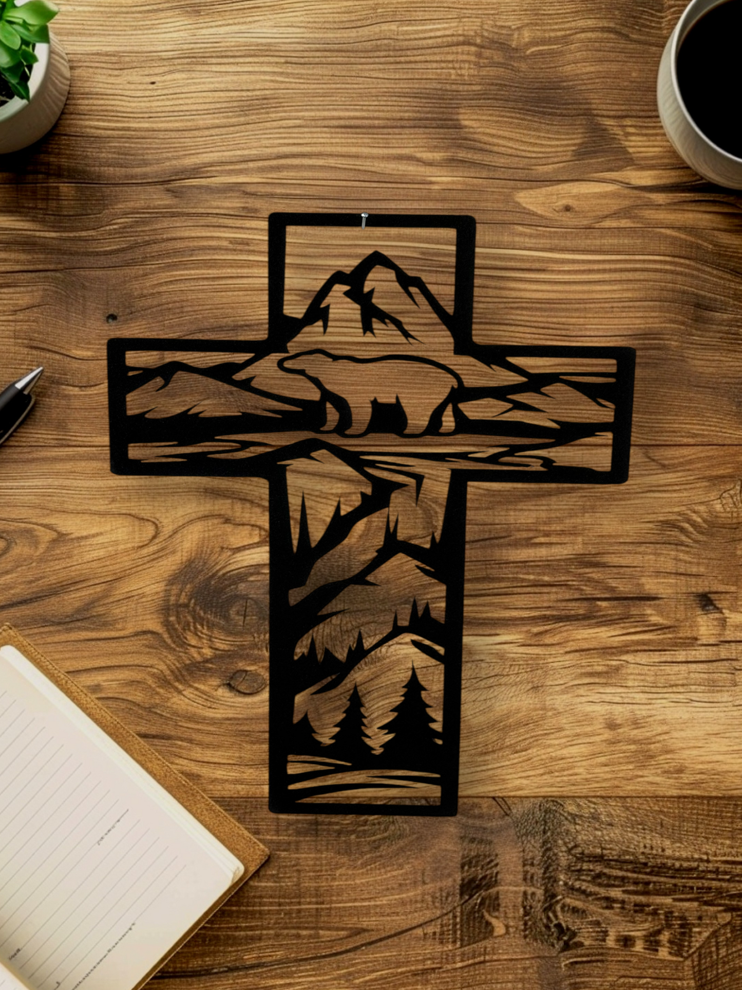 Metal Cross Wall Art with Bear in the Mountains Nature Scene | Christian Home Decor | Rustic Faith Cross | Outdoor or Indoor Religious Gift